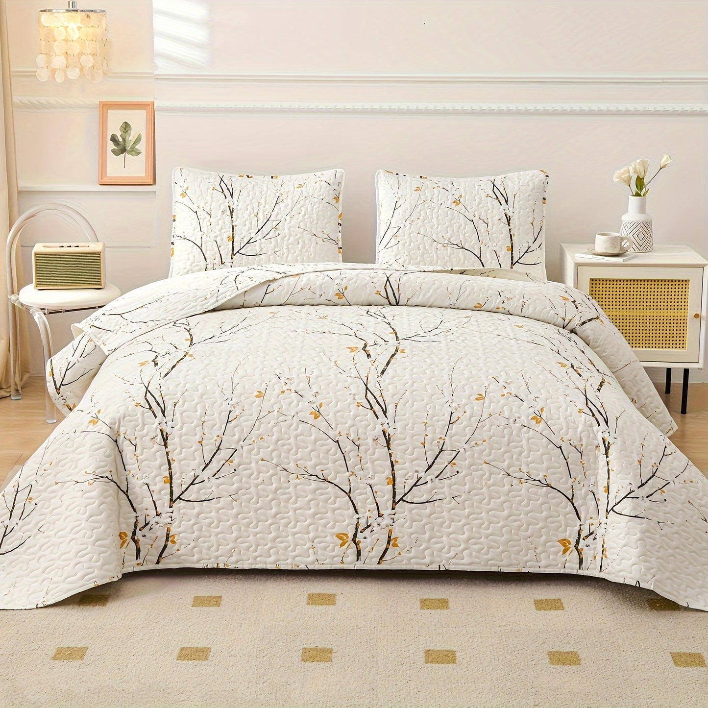 Elegant Plum Blossom Quilt Set includes 3 pieces (1 Quilt + 2 Pillowcases, Core not included). Made with skin-friendly, soft and breathable materials, this bedding is warm and comfortable for all seasons. Perfect for hotel or bedroom use.