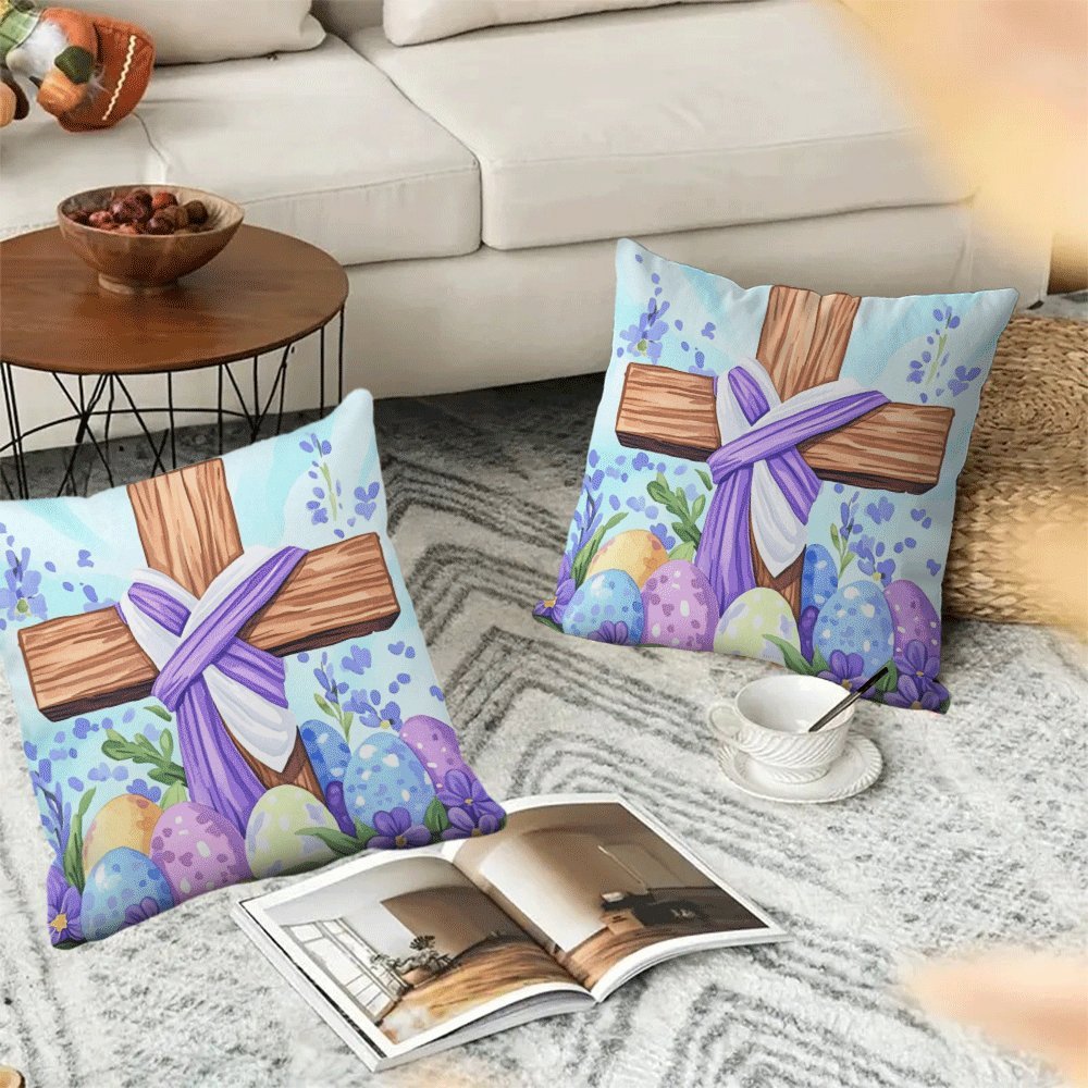 Pillow Cover Set featuring Modern Floral Easter Egg & Cross Design, Pack of 2, 45.72x45.72 cm, Easy to Wash in Machine, Comes with Zipper Closure, Year-round Comfort, Perfect for Sofa and Bedroom Decor, Insert Not Included