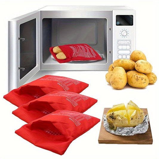 Set of 3 Microwave Potato Cooker Bags - Made from PET Material, these Reusable Express Potato Baking Pouches cook a perfect potato in just 4 minutes without the need for electricity. A must-have kitchen gadget for hassle-free potatoes.