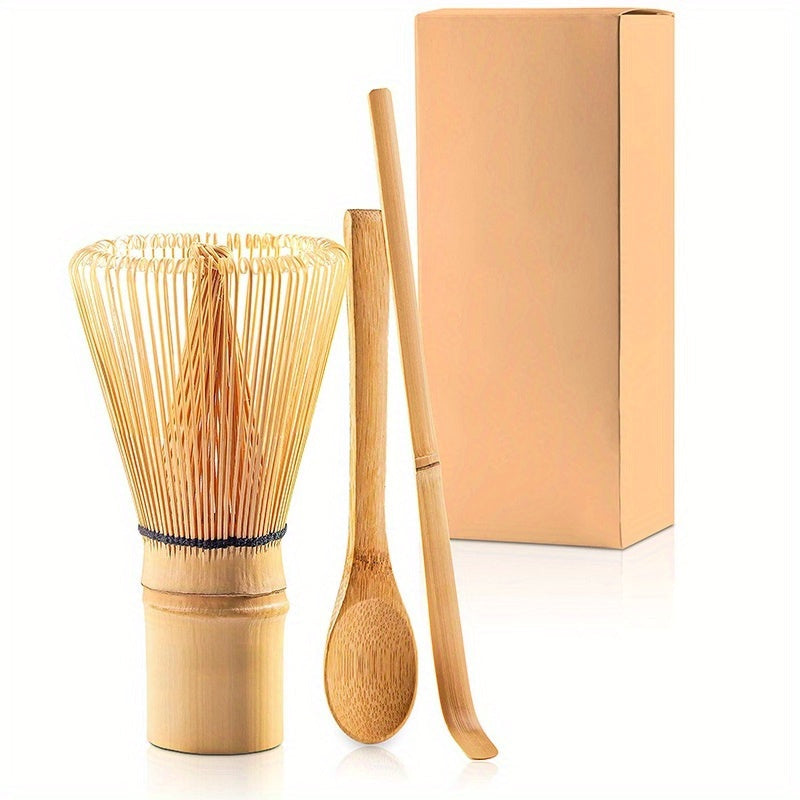 Traditional handmade starter kit includes a set of 3 pieces: matcha whisk, scoop, and spoon for whisking matcha tea. Kit includes a whisk (chasen), scoop (chashaku), and spoon.