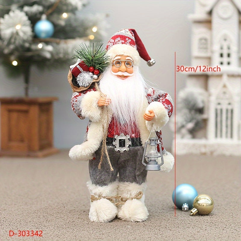 Santa Claus figure decoration with 12-inch height, wearing long fluffy snow boots, perfect for holiday and New Year's decor in homes or businesses.