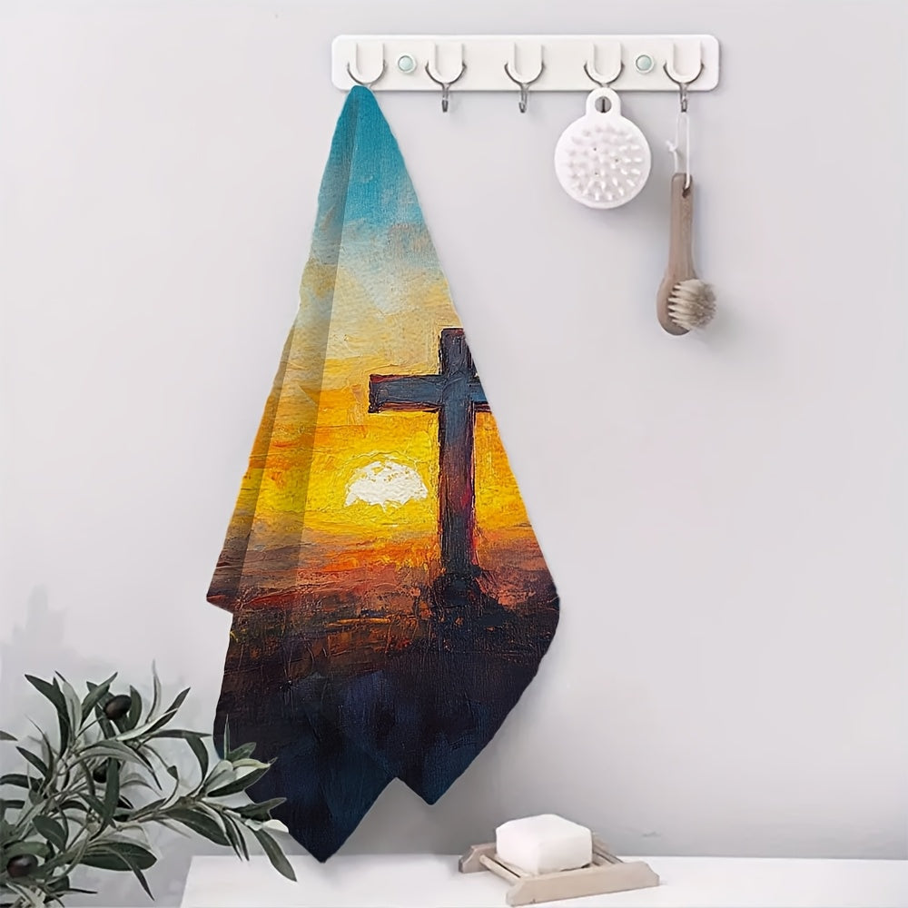 2 pieces of ultra soft kitchen towels featuring an Easter sunrise oil painting style. These highly absorbent and machine washable dish hand towels measure 40.64x60.96 cm, making them perfect for holiday decor.