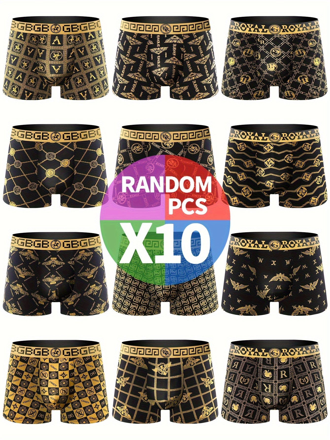 10pcs Men's High Stretch Boxer Briefs, Polyester Spandex Shortie Panty with Print Pattern for Casual Wear