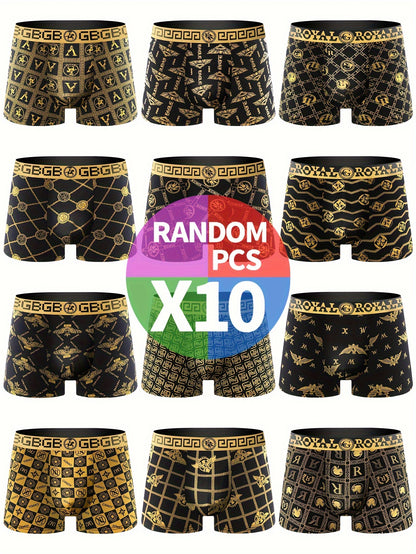 10pcs Men's High Stretch Boxer Briefs, Polyester Spandex Shortie Panty with Print Pattern for Casual Wear