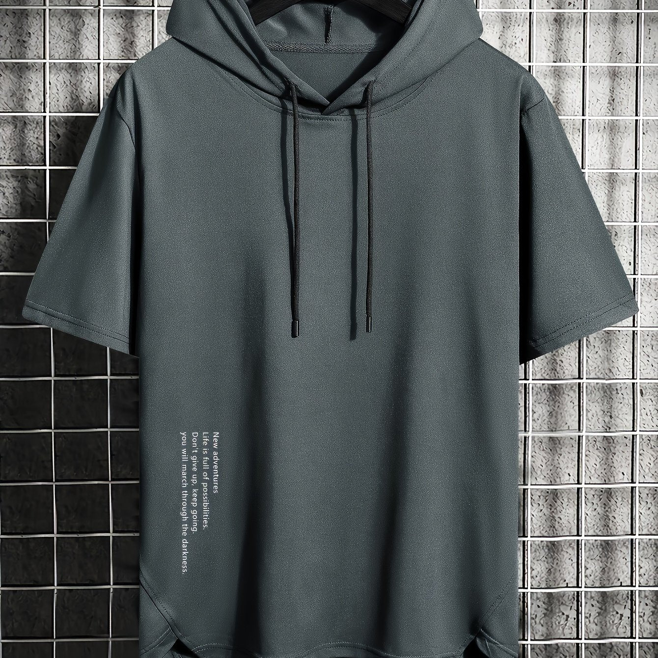 Men's summer casual hooded T-shirt with asymmetrical alphabet print, short sleeve, slight stretch knit fabric, regular fit hoodie for weekend - polyester.