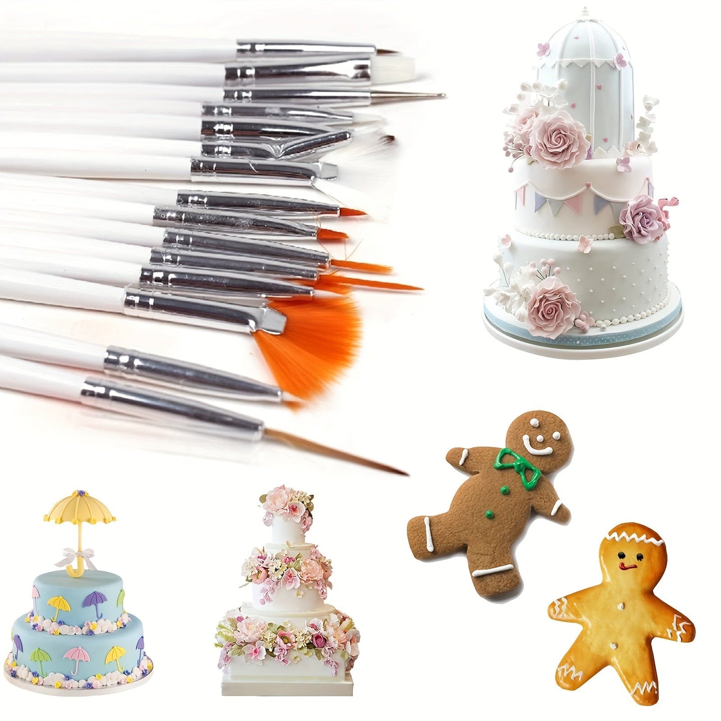 Set of 15 Cake Decorating Brushes for painting and decorating cakes. Includes food paint brush, fondant brush, cookie brushes, and icing pastry brush. Perfect for baking and DIY projects. Ideal for cake decorating and painting.