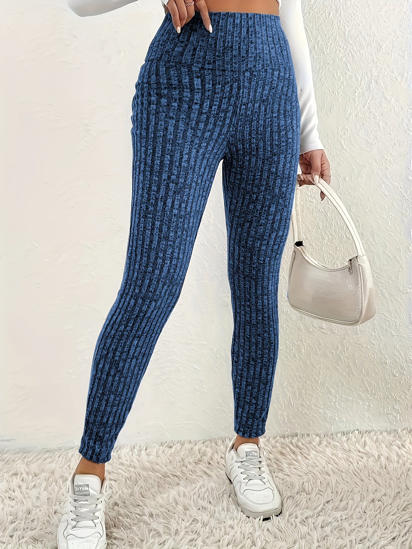 Plus size high waist solid color knit leggings in polyester fabric, suitable for autumn/winter.