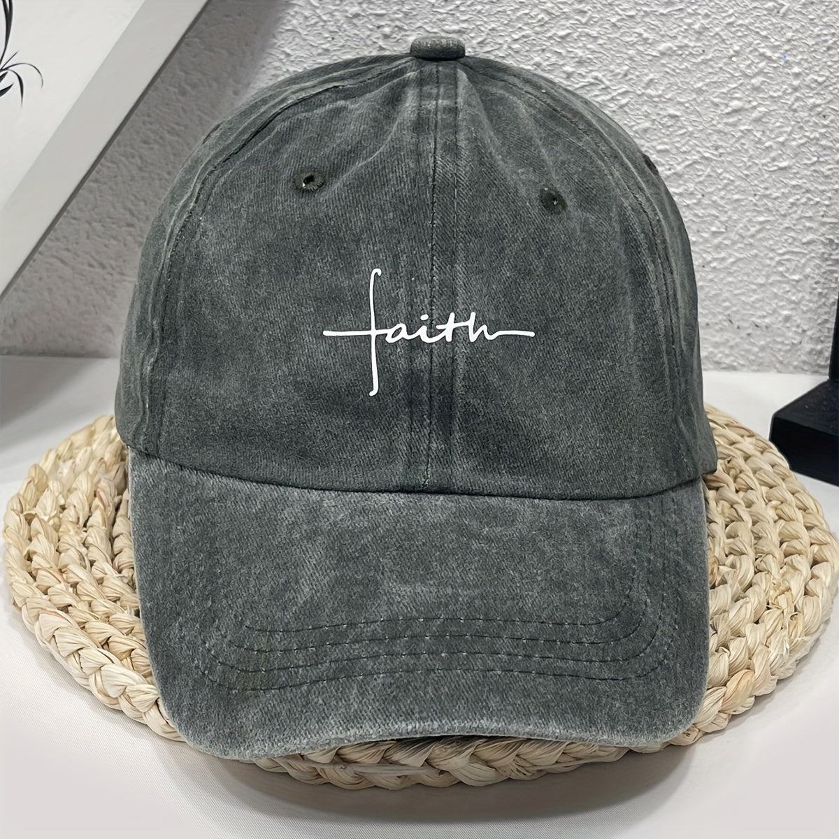 Vintage style denim baseball cap with faith embroidery, alphabet pattern, and adjustable fit for casual streetwear.