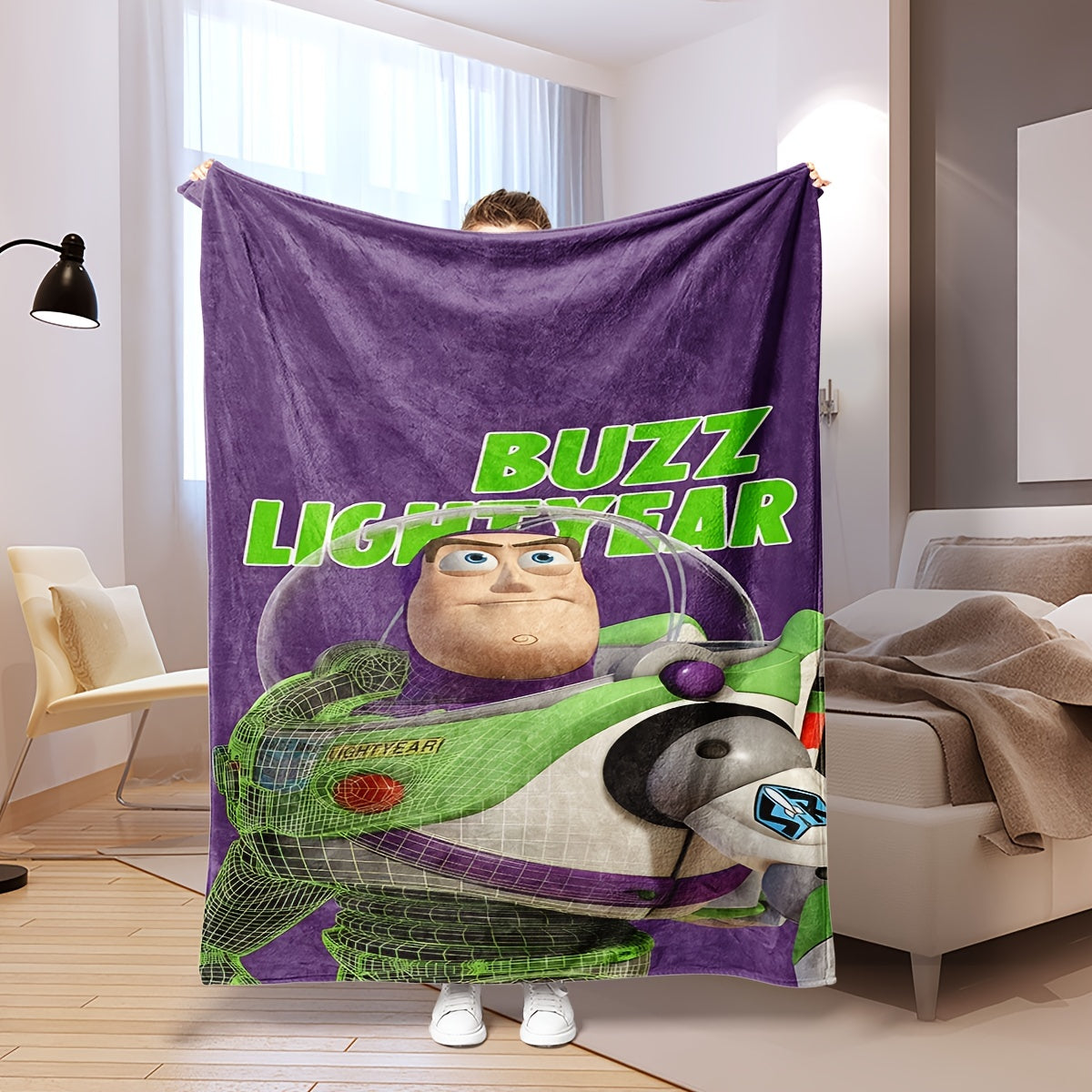 Buzz Lightyear, the adventurous astronaut in green, is enjoying playtime with his green dinosaur friend. His playful demeanor is evident in his exaggerated expressions, reflecting his childlike innocence. Happily seated on a vibrant purple blanket, he