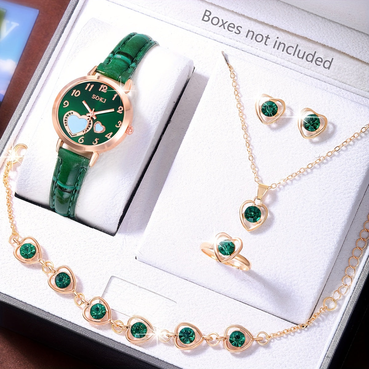 Middle East Ramadan Ladies Watch set includes a fashionable casual quartz watch with peach-shaped dial and a heart necklace, earrings, bracelet, and rings. Perfect for women's parties