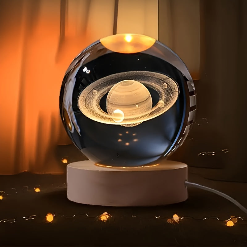 3D Crystal Ball with Solar System & Moon Engraving - USB Powered, Space Decor for Home and Office