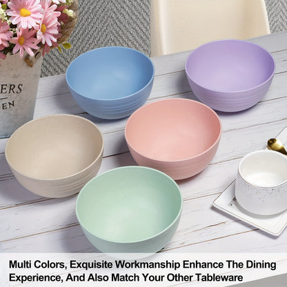 5-piece wheat straw bowl set: unbreakable, microwave & dishwasher safe, 16oz capacity, pastel colors with textured finish for salads, grains, & dinners.