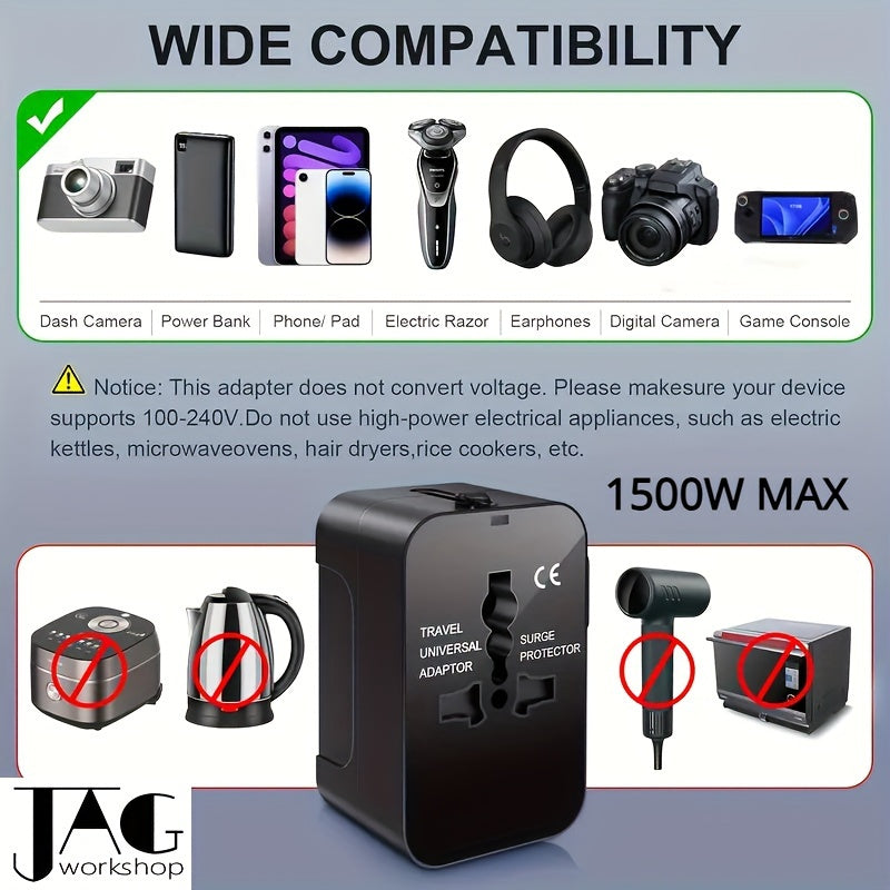 Travel adapter with 1pc compliance certification for US/EU/UK/AU plugs, covering over 150 countries. Suitable for iPhone, Samsung, Xiaomi, Android, iPad, and more. Ideal holiday gift.