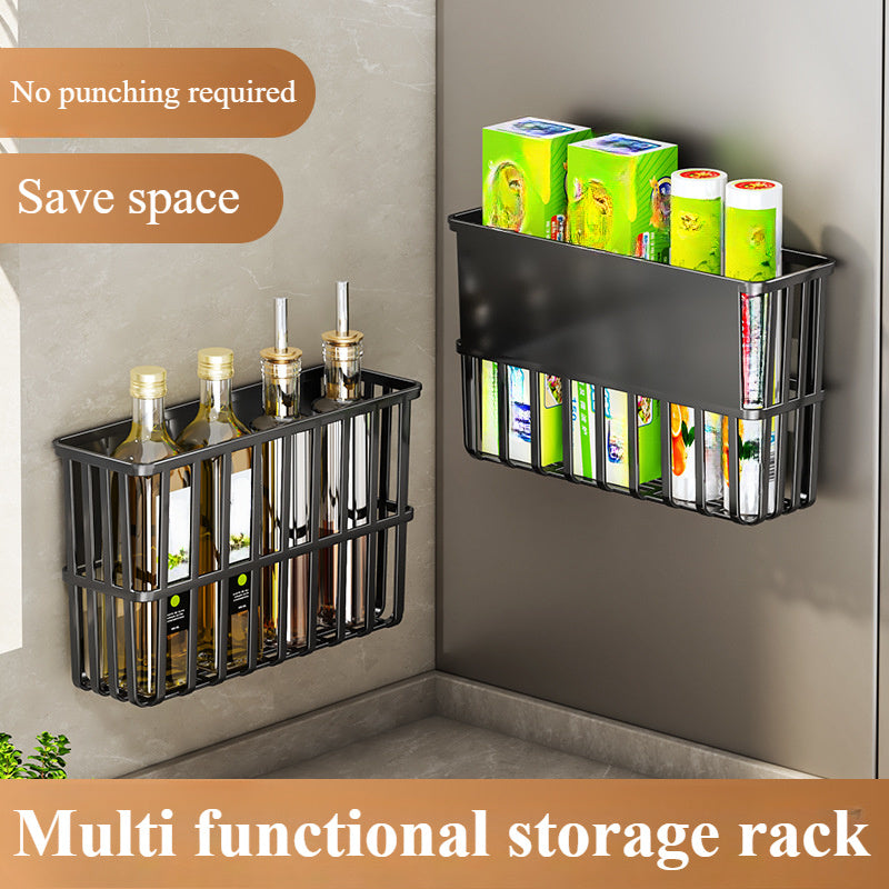 This multifunctional plastic storage rack features a wall-mounted design with side hooks for organizing spices, umbrellas, books, and sundries. It is suitable for use in the kitchen, on the refrigerator, washing machine, or refrigerator shelf, and can be