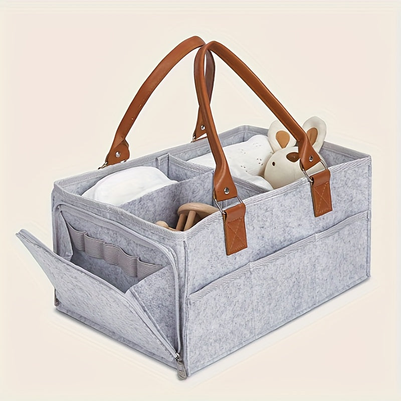 Spacious Light Grey Mommy Diaper Bag with Zipper Closure, Foldable Design and Ample Storage Capacity