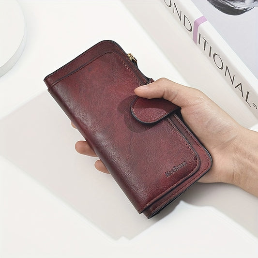 Vintage long wallet for women, versatile clutch coin purse with large capacity in solid color for daily use.