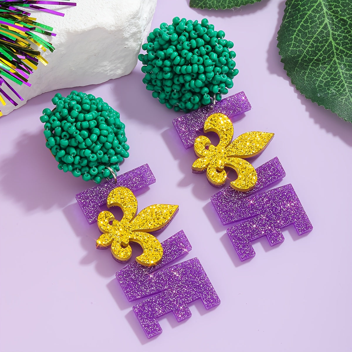 Festive Boho Beaded Earrings with Bold FAT TUESDAY Design, Ideal for Carnival and Everyday Wear, Featuring Unique Seed Bead Dangles and Stainless Steel Posts, Great Gift for Loved Ones during the Holidays.