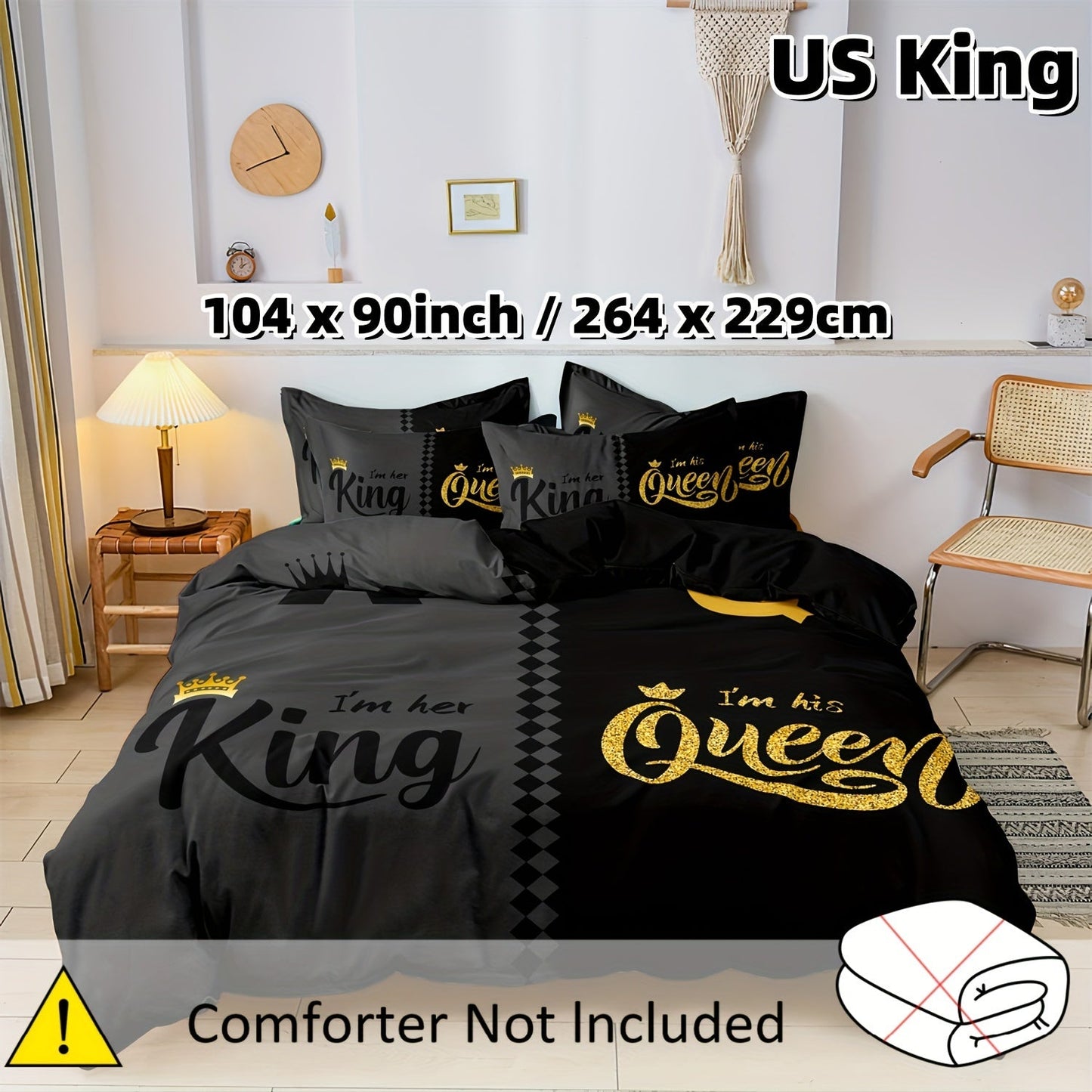 Valentine's Day Queen & King Crown Design Duvet Cover Set - 3 Piece Set, Printed Crown Design, Soft Polyester, Breathable, Machine Washable - Includes 1 Duvet Cover & 2 Pillowcases (Insert Not Included)