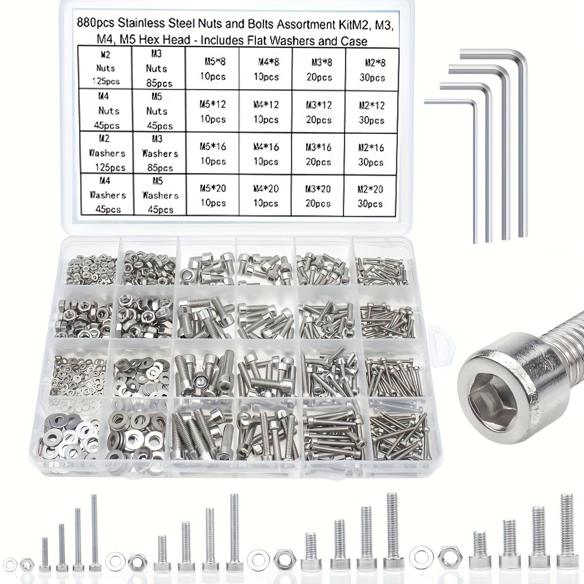 880pcs of stainless steel nuts and bolts, including hex head bolts, nuts, flat washers, and more, in a durable case – resistant to corrosion and neatly organized.