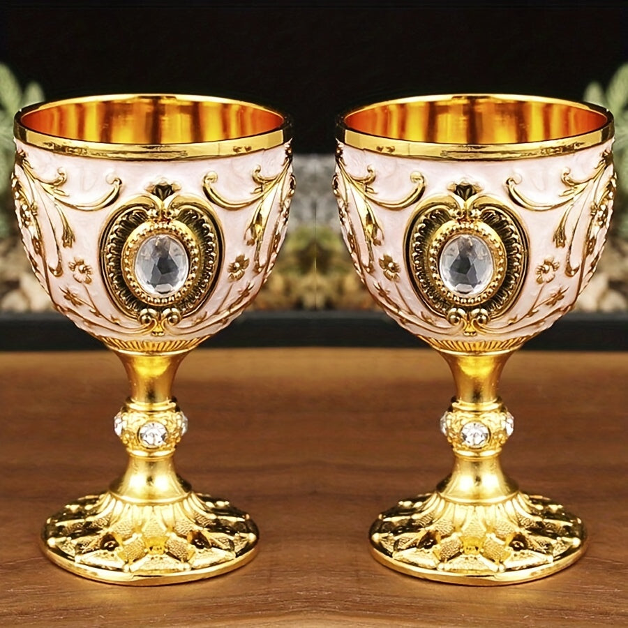 Two 30ML chalice goblets and an embossed diamond-encrusted metal shot glass for red or white wine, perfect for parties, weddings, and anniversaries.