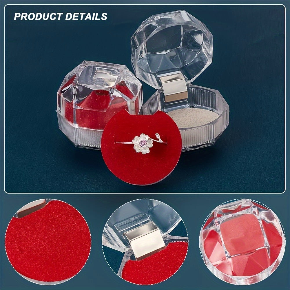 10 elegant octagonal crystal clear plastic ring boxes with metal interior - ideal for jewelry display, weddings, parties, and as jewelry boxes.