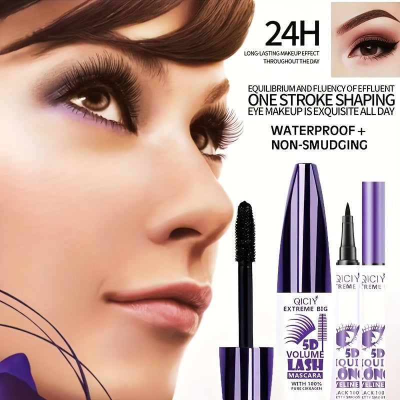 Waterproof 5D Volumizing Mascara & Eyeliner Set with Silicone Brush - Long-lasting makeup for all skin types, quick dry.