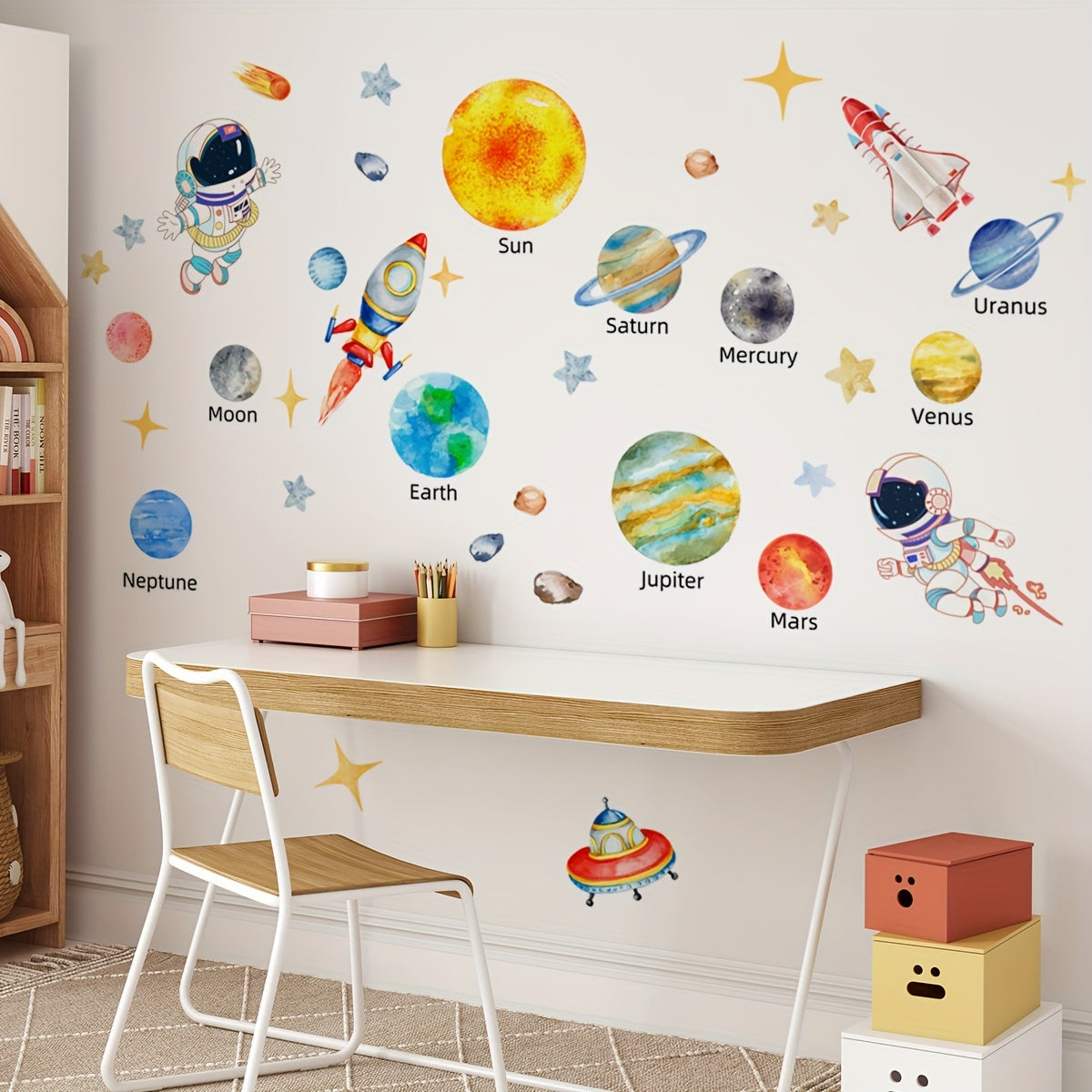 Solar System wall stickers measuring 160.02x80.01cm, featuring astronauts, stars, UFOs, planets, and spaceships. Ideal for room, bedroom, living room, playroom, or classroom decorations.