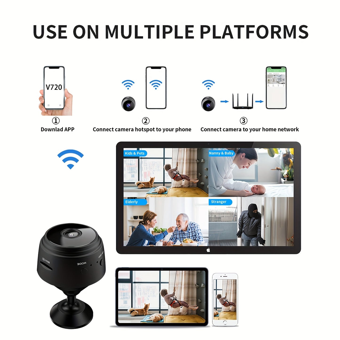 480p pet camera with indoor/outdoor surveillance, mobile remote app for viewing anytime, and smart camera capabilities. View anytime, anywhere with the mobile remote app.