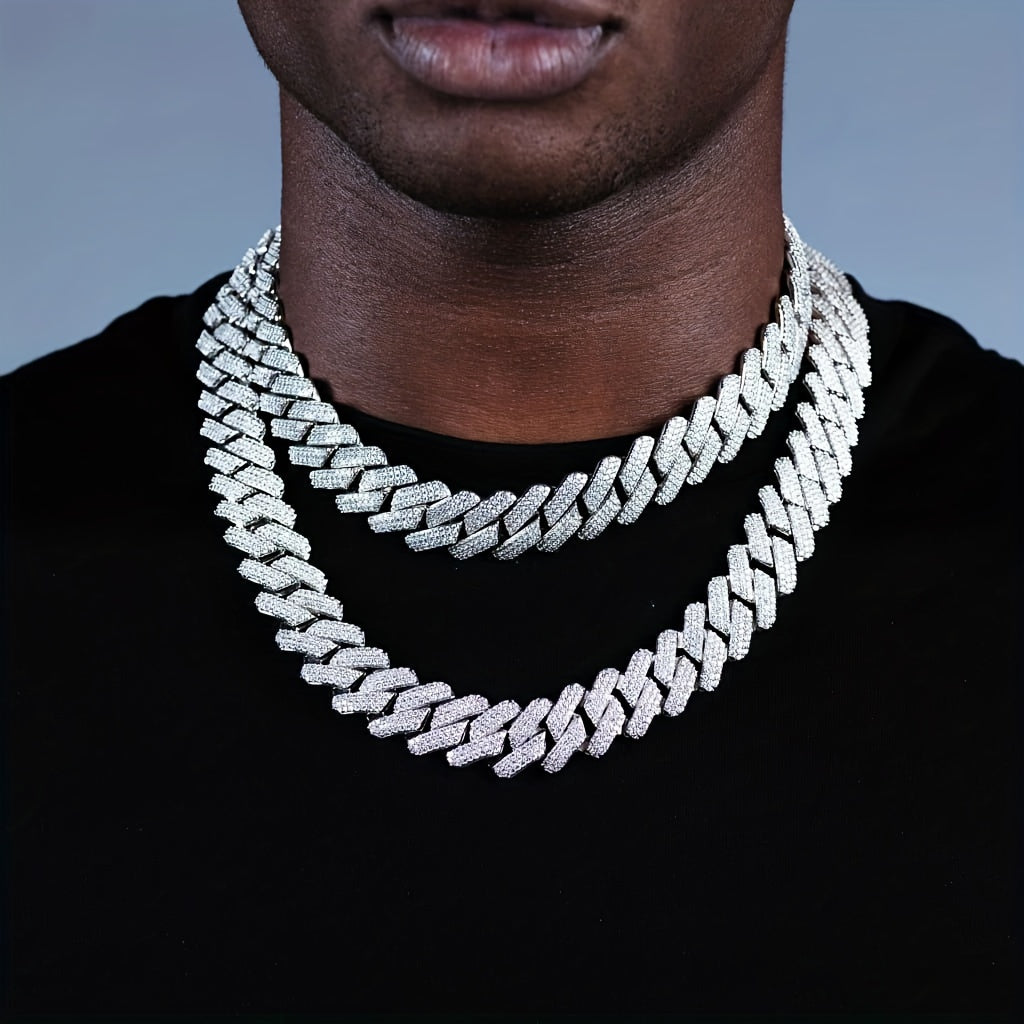 Icy 3-Row Rhinestone Cuban Link Chain Necklace for Men - Edgy Hip Hop Fashion, Made of Zinc Alloy, Ideal for Party Wear