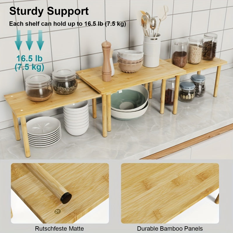 Set of 3 Bamboo Cabinet Organizers, Adjustable Countertop Shelf, Versatile Kitchen Storage Rack, Spice Holder, Stackable Shelves for Kitchen and Dining Area.