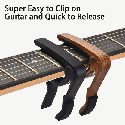 Pair of Guitar Capos for Acoustic, Electric, and Bass Guitars in Black and Rosewood.