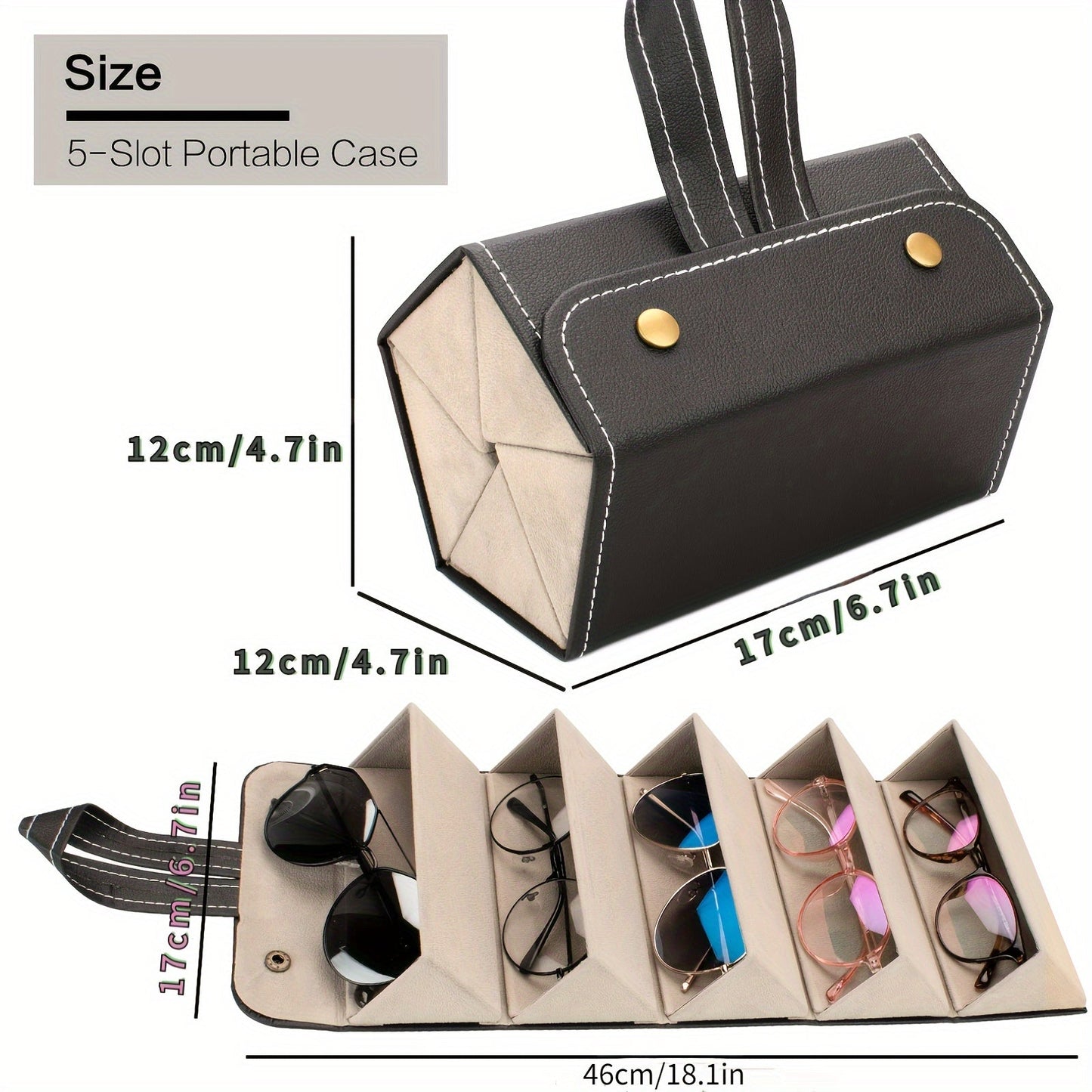 A compact storage solution for your glasses, this Portable Glasses Storage Box features 3/5 slots for organizing and displaying your eyewear. Perfect for travel, the folding design makes it easy to take along your sunglasses, while the PU leather