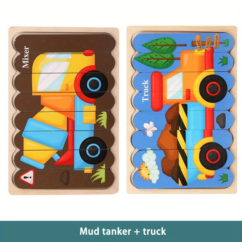 Wooden Strip Puzzle for Creative Children's Early Education: Featuring Cartoon Animal Stories and Traffic/Fruit Themes on Double-sided Boards - A Fun and Educational Toy.