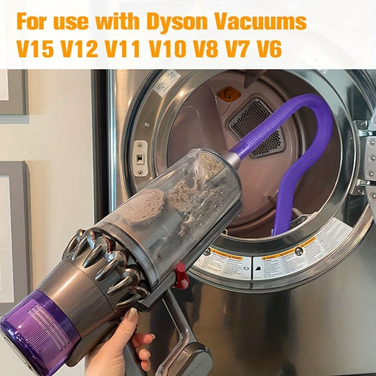 "Dryer Vent Cleaner Kit" vakuum quvuri Dyson V15, V12, V11, V10, V8, V7, V6 vakuum tozalagichlari bilan ishlash uchun mo'ljallangan. Lint tozalagich va quruq lint vakuum quvuri qo'shimchasi kiradi.