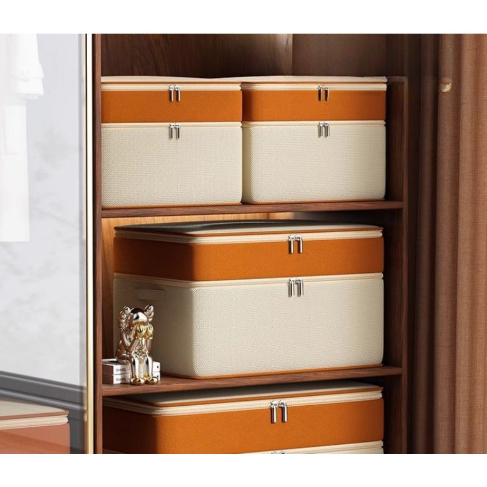 Large capacity double-layer clothes storage box with flip lid in orange and beige fabric, perfect for organizing laundry and accessories. Rectangular shape with zipper closure for under-bed