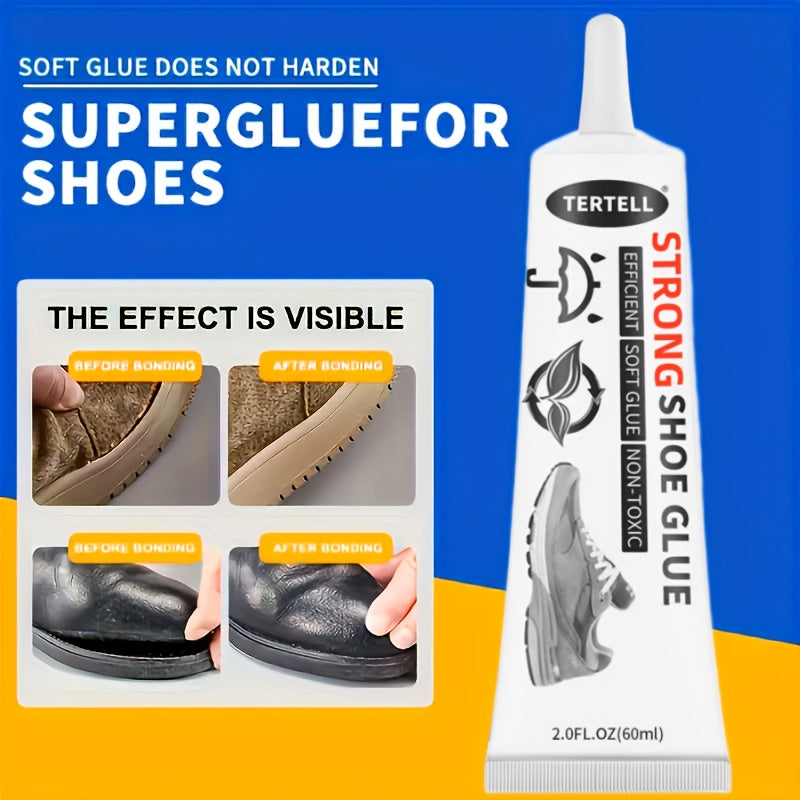 60ml strong shoe repair glue for leather and sports shoes, non-toxic, high-temperature resistant, transparent, hand-safe, made of plastic.