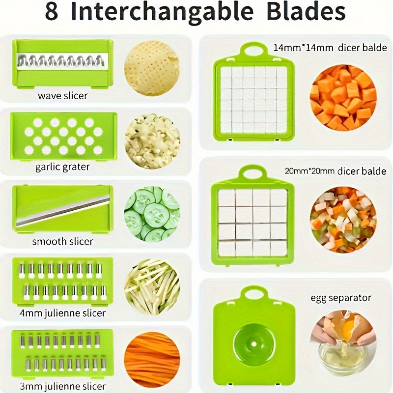 Set of 16 pieces includes a versatile vegetable chopper and fruit slicer with interchangeable blades, along with a convenient container for storage. Perfect for mincing onions, shredding potatoes, and slicing veggies. Essential kitchen accessory for all