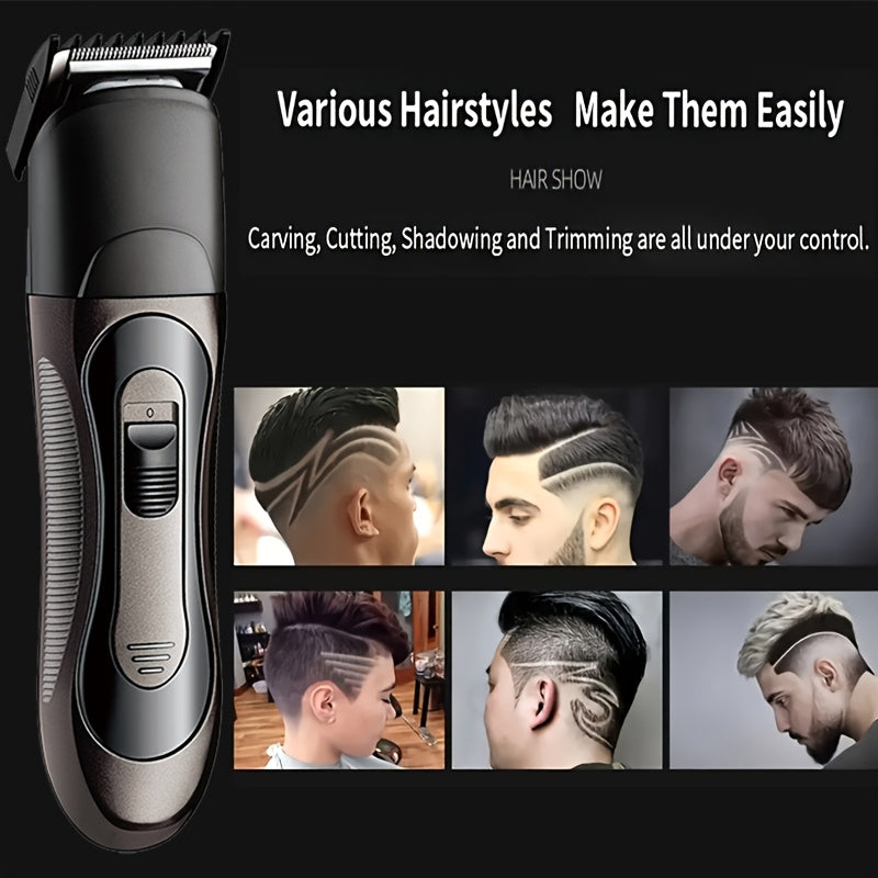 USB rechargeable electric shaver, nose hair trimmer, and hair clipper in one grooming kit. Includes 600mAh nickel battery and hypoallergenic precision blades. Made of durable ABS plastic.