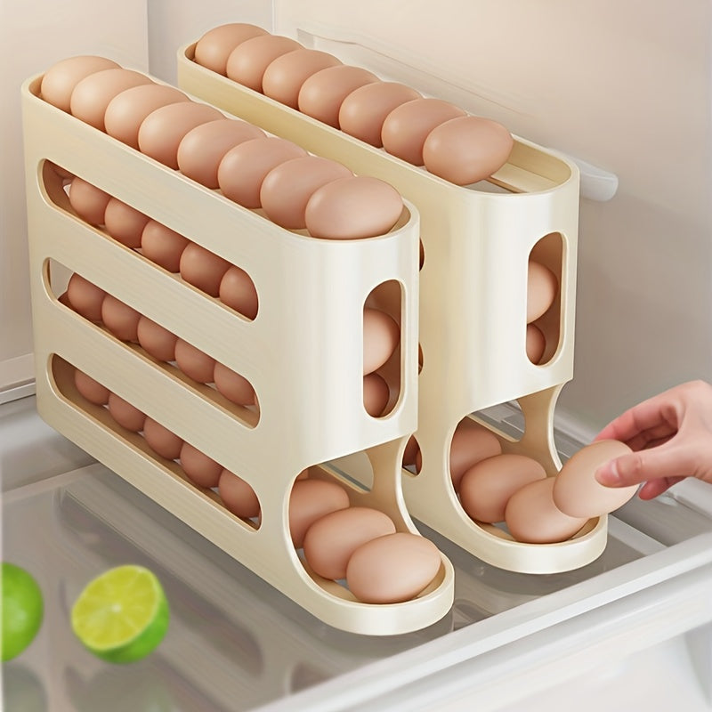 Large capacity refrigerator egg storage box with automatic egg roller slide and 4-layer ladder design.