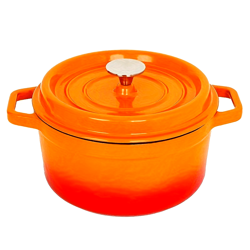 This Dutch oven is made of enameled cast iron and features convenient handles. It has a diameter of 18.2cm (7.16in), a height of 14cm (5.5in), a depth of 6.4cm (2.5in), and a capacity of 1.7kg. It is suitable for use on gas stoves.