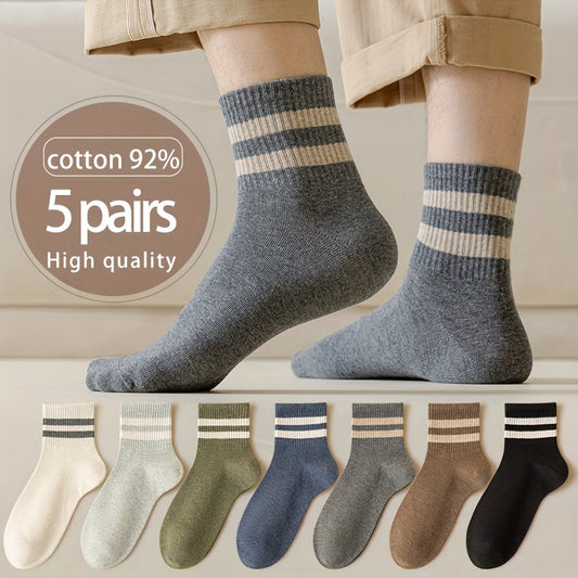 5 pairs of men's vintage striped ankle socks made from 95% cotton blend with high-quality knit, breathable and comfortable. Assorted colors with stripe pattern for sports and casual wear.