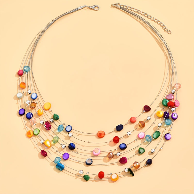 Stylish Boho Multi-Layer Choker Necklace for Women - Adjustable Beaded Statement Jewelry with Synthetic Crystals, Perfect for Daily Wear in any Season