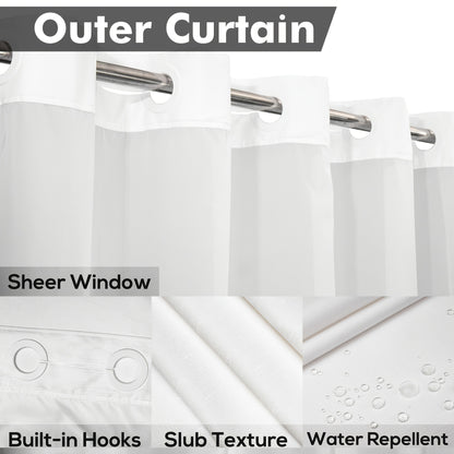 1-piece white shower curtain with snap-in PEVA liner, window, waterproof, 71x74inch.