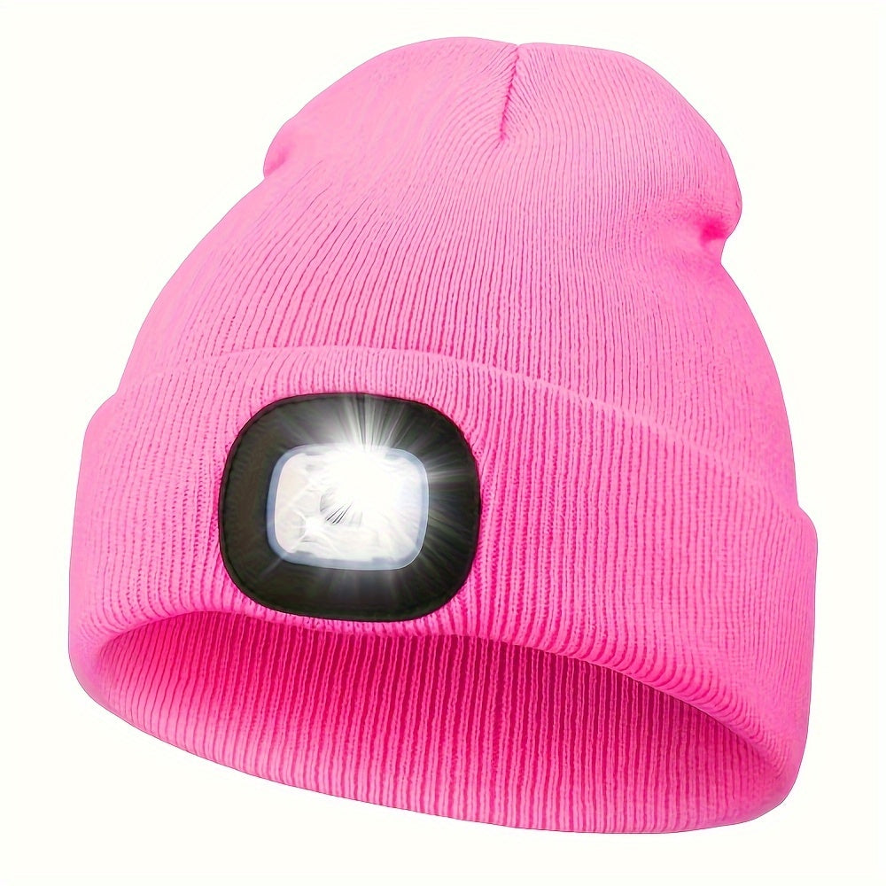 One piece of unisex beanie hat with LED light, featuring 4 LED lights powered by button cell batteries. This knitted hat allows for hands-free illumination, making it perfect for night walking, fishing, camping, and hunting.