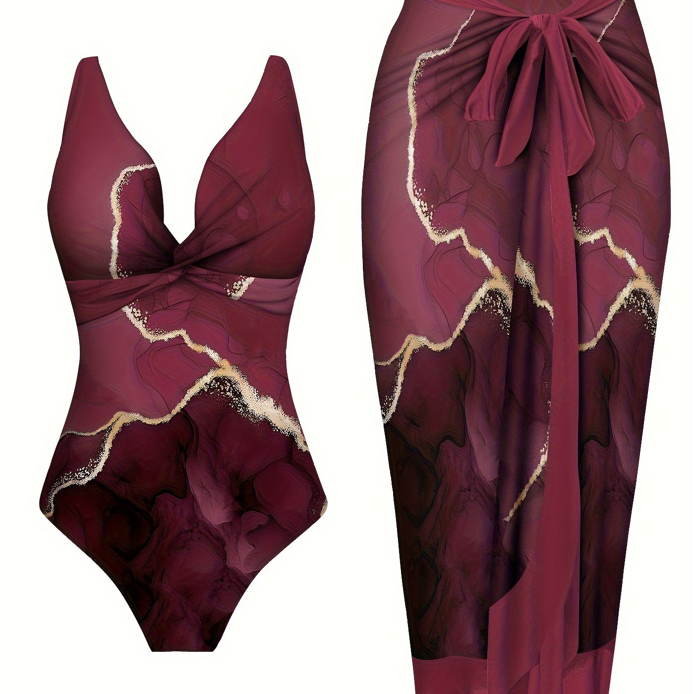 Deep red printed two-piece beachwear set with crisscross details on one-piece bathing suit and matching tie-waist skirt, perfect for parties.