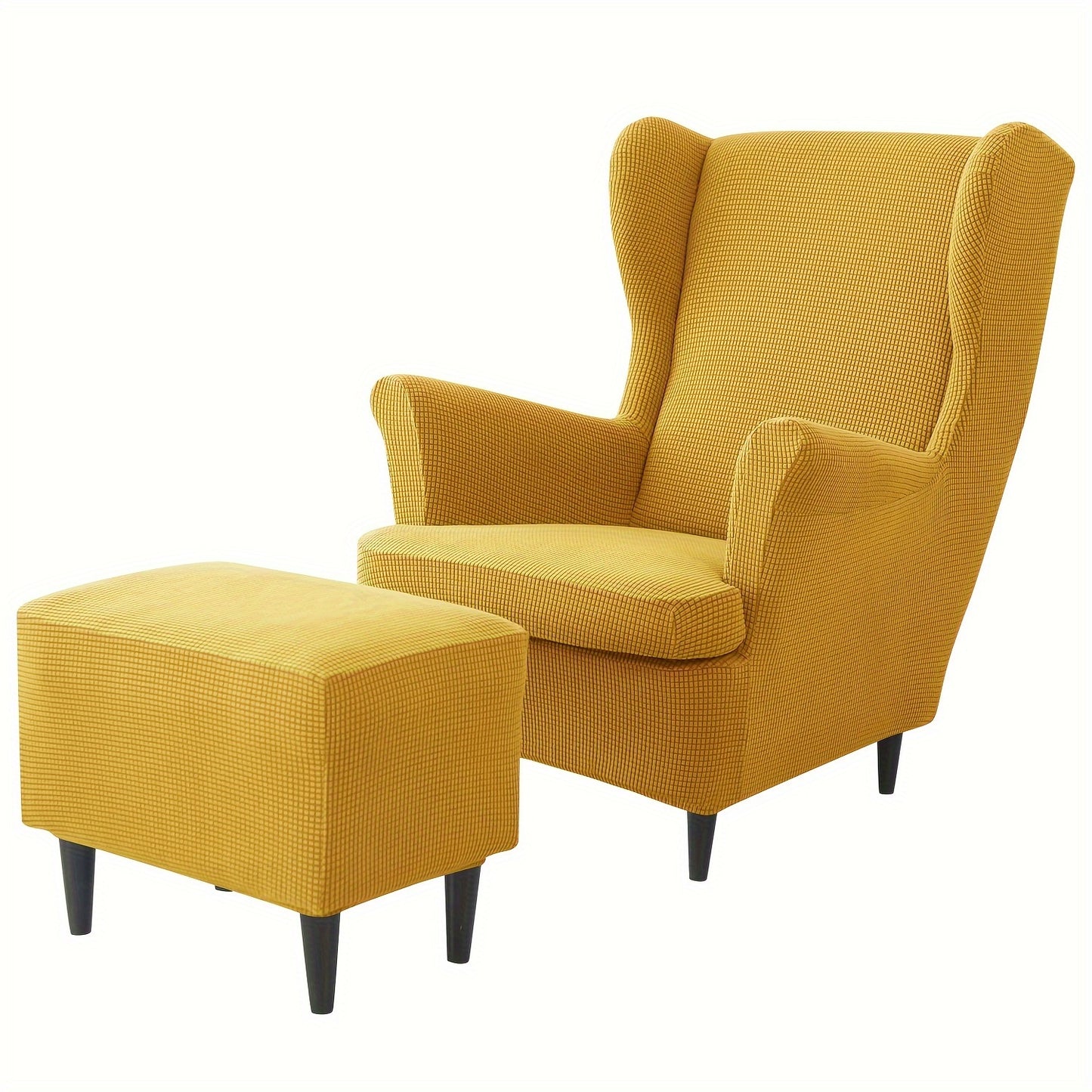 Contemporary 3-piece armchair and ottoman slipcover set made of polyester and spandex with elastic band, machine washable and non-slip grip design for single-seat sofa.