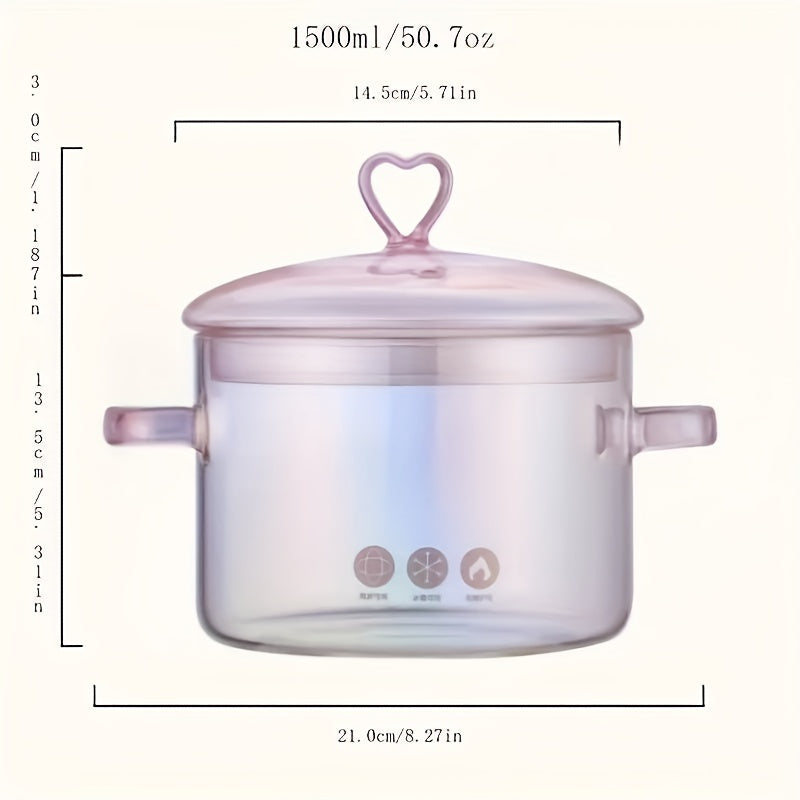 Эргономично разработанная кастрюля в форме сердца розового цвета из боросиликатного стекла с двумя ручками, прозрачная кастрюля для тушения с безопасной крышкой - кастрюля, сохраняющая питательные вещества, объемом 1500 мл - стильная кухонная тенденция.