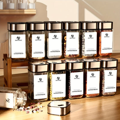 Set of 24 square glass spice jars with writable labels, featuring twist-top lids with multiple sealing holes. This collection includes pens, hose brushes, and stainless steel funnels. Ideal for organizing spices in your home kitchen. White label paper