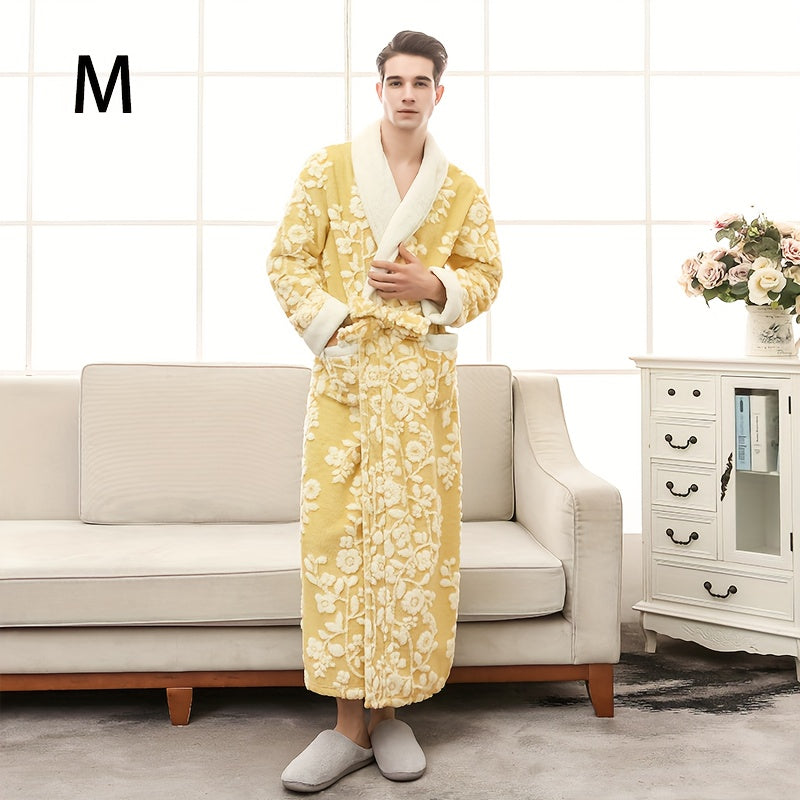 1pc Unisex Thickened Long Bathrobe with Flower Pattern, Ideal for Couples. Ideal for Home and Bathroom use.