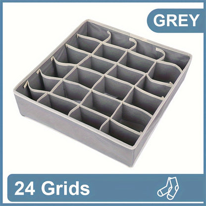 Sock drawer organizer with collapsible 24-grid design for women's accessories, underwear, socks, handkerchiefs, ties, and belts. Space-saving and multipurpose home storage solution.